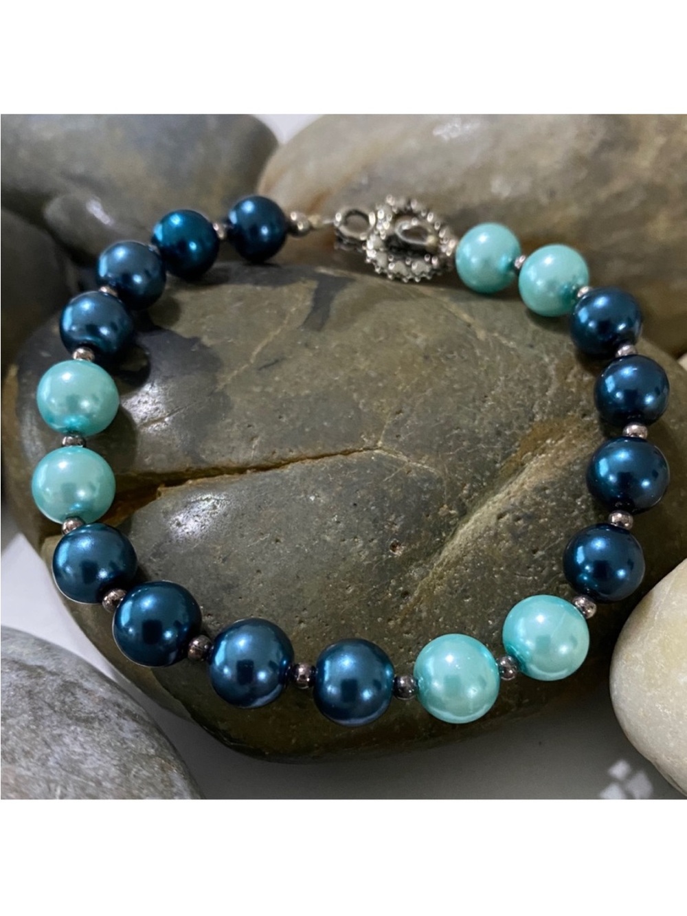 Artisan Fresh Water Petrol and Light Blue Pearl Bracelet with Sterling Silver